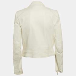 Roberto Cavalli White Textured Leather Zip-Up Biker Jacket L
