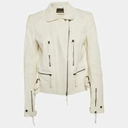 Roberto Cavalli White Textured Leather Zip-Up Biker Jacket L