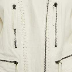 Roberto Cavalli White Textured Leather Zip-Up Biker Jacket L