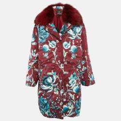 Pre Owned Roberto Cavalli Red Floral Print Nylon and Real Fur Trim Down Coat M