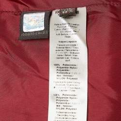 Pre Owned Roberto Cavalli Red Floral Print Nylon and Real Fur Trim Down Coat M