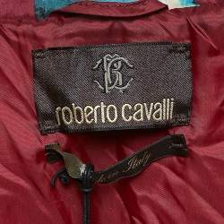 Pre Owned Roberto Cavalli Red Floral Print Nylon and Real Fur Trim Down Coat M