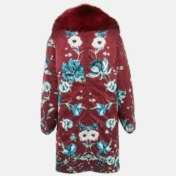 Pre Owned Roberto Cavalli Red Floral Print Nylon and Real Fur Trim Down Coat M