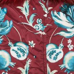 Pre Owned Roberto Cavalli Red Floral Print Nylon and Real Fur Trim Down Coat M