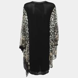 Pre Owned Roberto Cavalli Black Jersey and Animal Print Silk Dress L