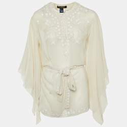 Pre Owned قميص روبيرتو كافالي حرير أبيض مزين بالترتر مع حزام مقاس متوسط (ميديوم)