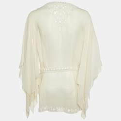 Pre Owned قميص روبيرتو كافالي حرير أبيض مزين بالترتر مع حزام مقاس متوسط (ميديوم)