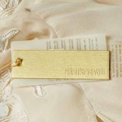 Pre Owned قميص روبيرتو كافالي حرير أبيض مزين بالترتر مع حزام مقاس متوسط (ميديوم)