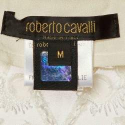 Pre Owned قميص روبيرتو كافالي حرير أبيض مزين بالترتر مع حزام مقاس متوسط (ميديوم)