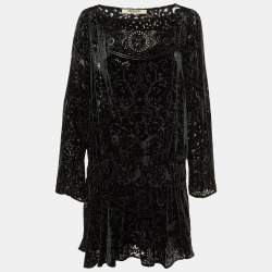 Roberto Cavalli Black Devore Elasticated Waist Detail Mini Dress M