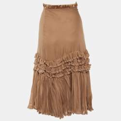 Roberto Cavalli Beige Silk Ruffled Layered Midi Skirt XS