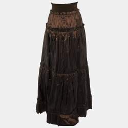 Pre Owned Roberto Cavalli Brown Silk Tafetta Layered Maxi Skirt M