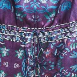 Pre Owned Roberto Cavalli Purple Floral Print Silk Ruffled Top M