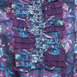 Pre Owned Roberto Cavalli Purple Floral Print Silk Ruffled Top M