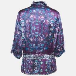 Pre Owned Roberto Cavalli Purple Floral Print Silk Ruffled Top M
