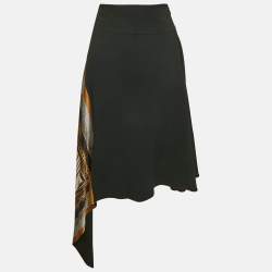 Roberto Cavalli Black Printed Silk Scarf Trim Crepe Asymmetric Skirt S