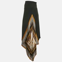 Roberto Cavalli Black Printed Silk Scarf Trim Crepe Asymmetric Skirt S