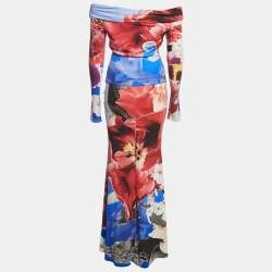 Pre Owned Roberto Cavalli Multicolor Floral Print Jersey Brooch Detail Maxi Dress S