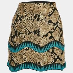 Roberto Cavalli Beige Snakeskin Pattern Stretch Knit Scallop Mini Skirt S