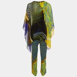 Roberto Cavalli Blue/Yellow Printed Silk & Jersey Jumpsuit M