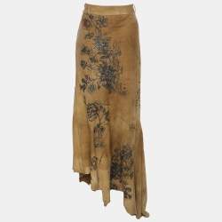 Pre Owned Roberto Cavalli Khaki Suede Tattoo Maxi Skirt XL