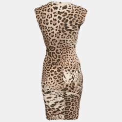 Roberto Cavalli Brown Leopard Print Jersey Ruche Short Dress S