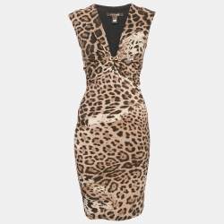 Roberto Cavalli Brown Leopard Print Jersey Ruche Short Dress S