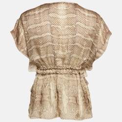 Roberto Cavalli Brown Snakeskin Print Silk Cinched Waist Top S