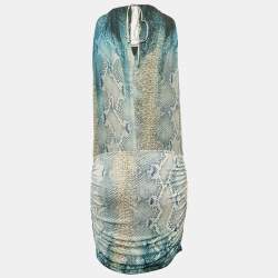 Pre Owned Roberto Cavalli Blue Snakeskin Prinr Silk and Jersey Ruche Mini Dress M