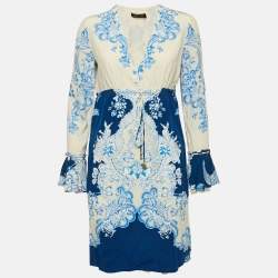 Roberto Cavalli White/Blue Floral Print Silk Lace Trimmed Short Dress M