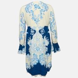 Roberto Cavalli White/Blue Floral Print Silk Lace Trimmed Short Dress M