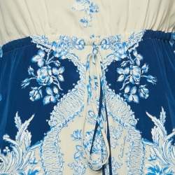 Roberto Cavalli White/Blue Floral Print Silk Lace Trimmed Short Dress M