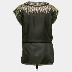 Roberto Cavalli Black Embellished Silk Tie-Up Detail Kaftan Top S
