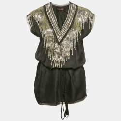 Roberto Cavalli Black Embellished Silk Tie-Up Detail Kaftan Top S