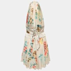 Pre Owned Roberto Cavalli Grey Floral Print Jersey Halter Neck Mini Dress M