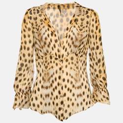 Roberto Cavalli Brown Leopard Print Silk Blouse M