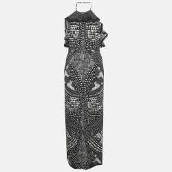 Roberto Cavalli Black Print Crepe Halter Neck Maxi Dress M