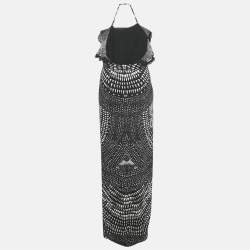 Roberto Cavalli Black Print Crepe Halter Neck Maxi Dress M