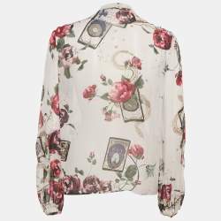 Roberto Cavalli  White Printed Silk Chiffon Ruffled Sheer Top S