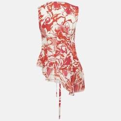 Roberto Cavalli Red Printed Silk Asymmetric Sleeveess Wrap Top S
