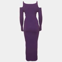 Pre Owned Roberto Cavalli Purple Knit Cut Shoulder Frayed Detail Bodycon Dress M