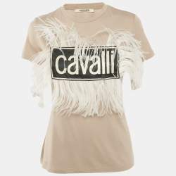 Roberto Cavalli Beige Cotton and Modal Faux Feather Detail T-Shirt XS