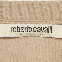 Pre Owned Roberto Cavalli Beige Cotton and Modal Faux Feather Detail T-Shirt XS