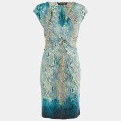 Roberto Cavalli Blue Snake Print Jersey Sleeveless Dress M