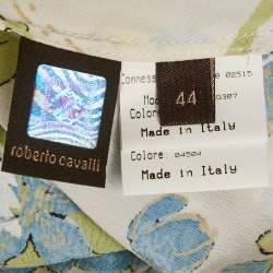 Pre Owned Roberto Cavalli White/Blue Floral Print Silk Ruffled Blouse M