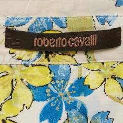 Pre Owned Roberto Cavalli White/Blue Floral Print Silk Ruffled Blouse M