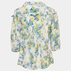 Pre Owned Roberto Cavalli White/Blue Floral Print Silk Ruffled Blouse M
