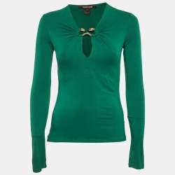Pre Owned Roberto Cavalli Green Jersey Snake Detail Top S