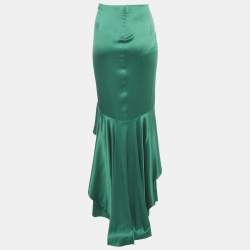 Pre Owned Roberto Cavalli Green Satin Ruffled High-Low Maxi Skirt M