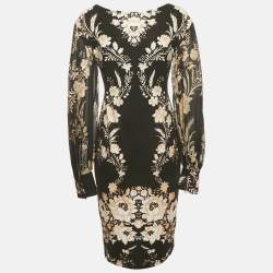 مملوكة مسبقًا Roberto Cavalli Black Floral Print Jersey Ruche Neck Short Dress L